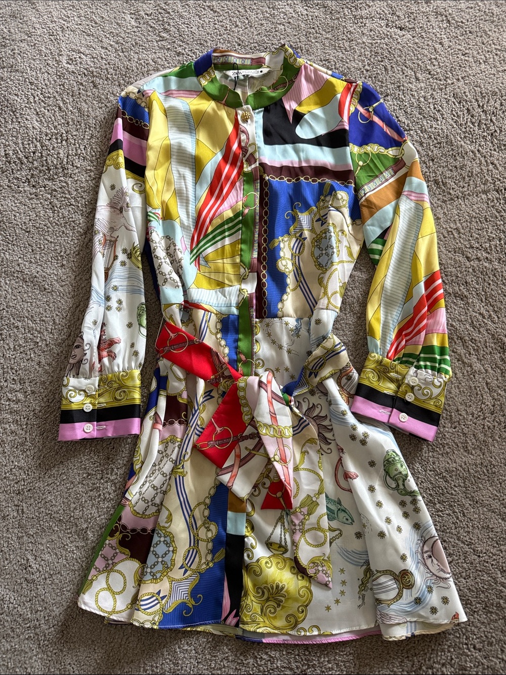 Zara Multicolor Chain-Print Long Sleeve Shirt Dress
